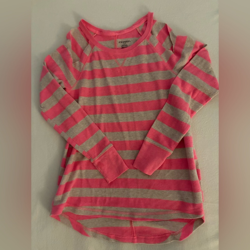 Y2K cold shoulder neon pink grey stripe top